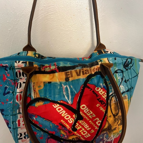 MIPOLY LARGE SCREEN PRINT BAG. Brown leather and fabric material purse. - Picture 3 of 10